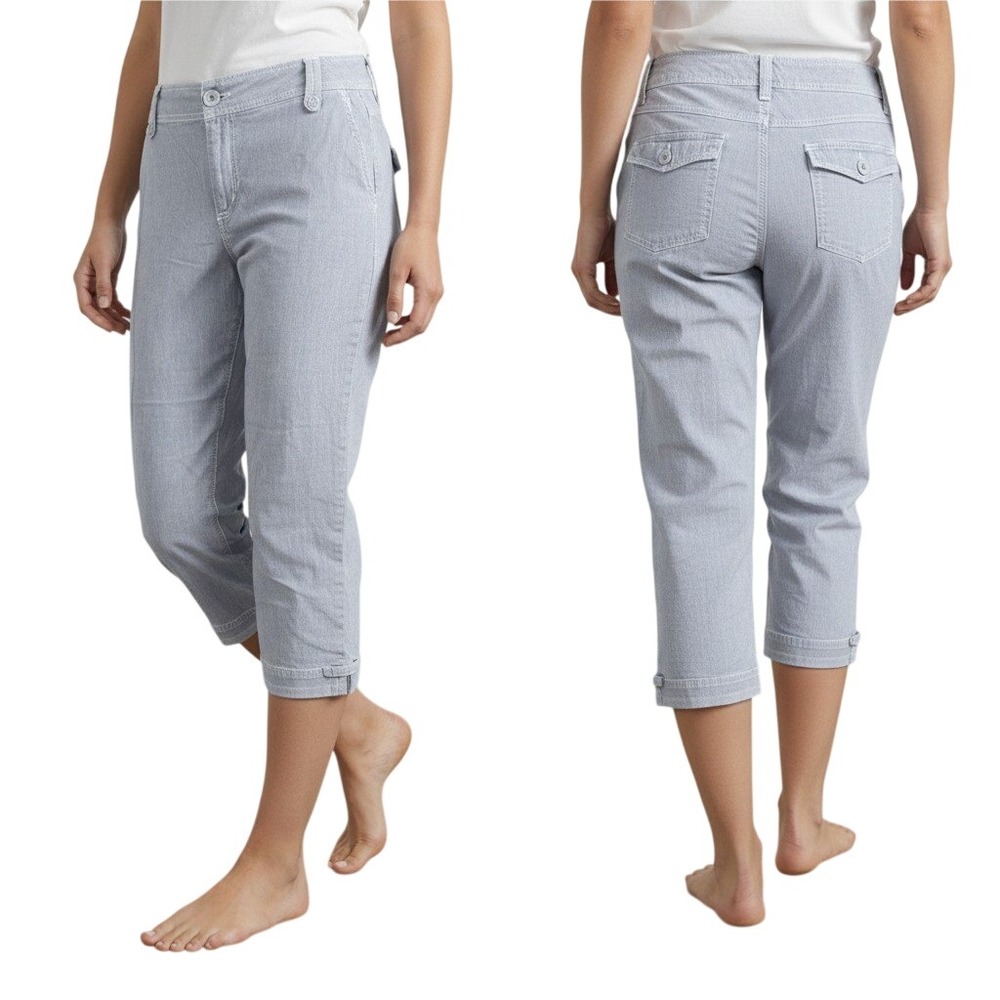 Eddie Bauer Cropped Pants Womens 10 Blue White Striped Capris Utility Nautical